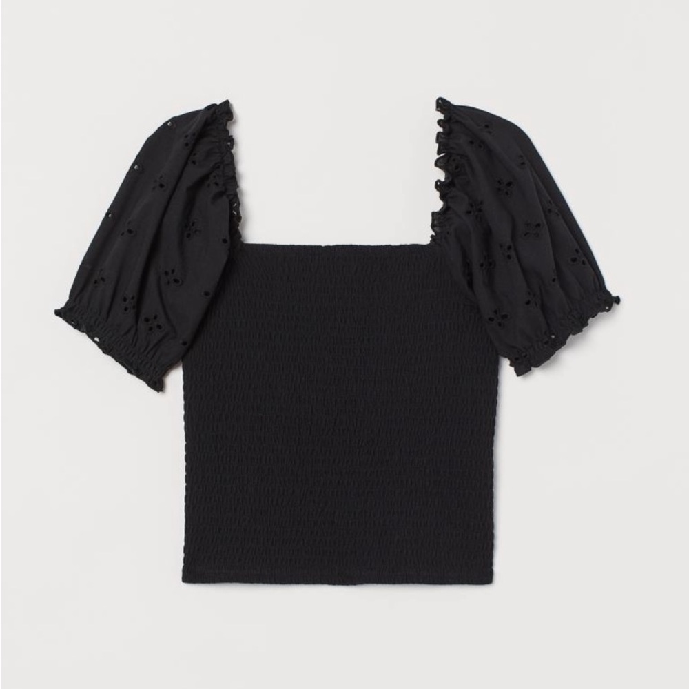 H&M smocked top with embroidered puff sleeves